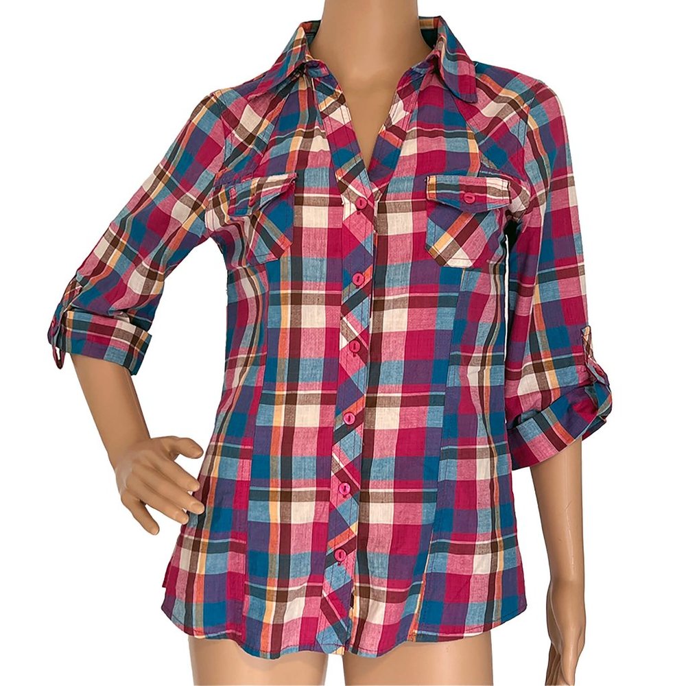 Women's Pink & Blue Plaid Western Shirt - M - 3/4 Sleeve, Pockets, V-Neckline
